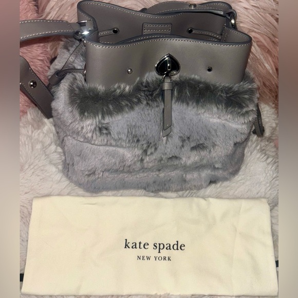 NEW Kate Spade Marti Gray Faux Fur Leather Small Bucket Satchel Handbag - Picture 9 of 16